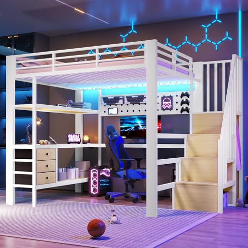 Lit mezzanine avec éclairage LED et prise de courant 140x200 cm, Cadre de lit en métal avec planche suspendue et table,Lit mezzanine double avec tiroirs et rangement,...