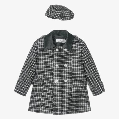 SIRRI Boys Tweed Houndstooth Pea Coat & Cap Set with elbow patches, Classic 2PC2