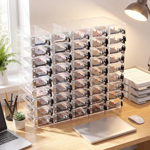 Image of Layhit Clear 45 Slots Cell Phone Locker Box for Classroom Clear Acrylic Cell Phone Storage Cabinet Bin with Door Locks for Classroom School Students Office Factory Employees