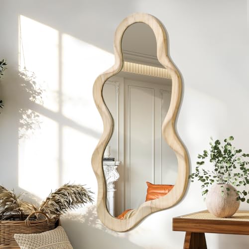 Miroir Mural Asymétrique et Artistique Cadre en Bois Moderne, Design Nuage Unique Mignon et Élégant pour Vestiaire, Chambre, Salon, Salle de Bain, Entrée -...