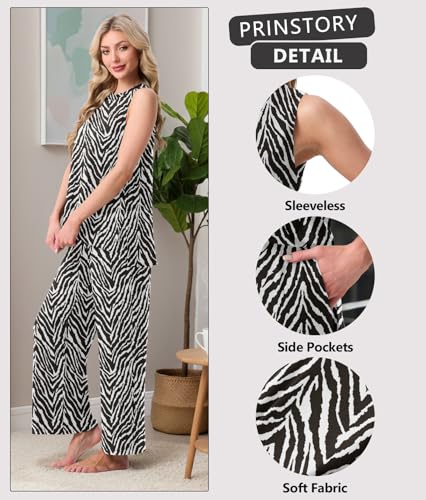 Image of PrinStory Womens Pajamas Sets 2 Piece Soft Pjs for Women Sleeveless Pajama Set Summer Loungewear with Pockets