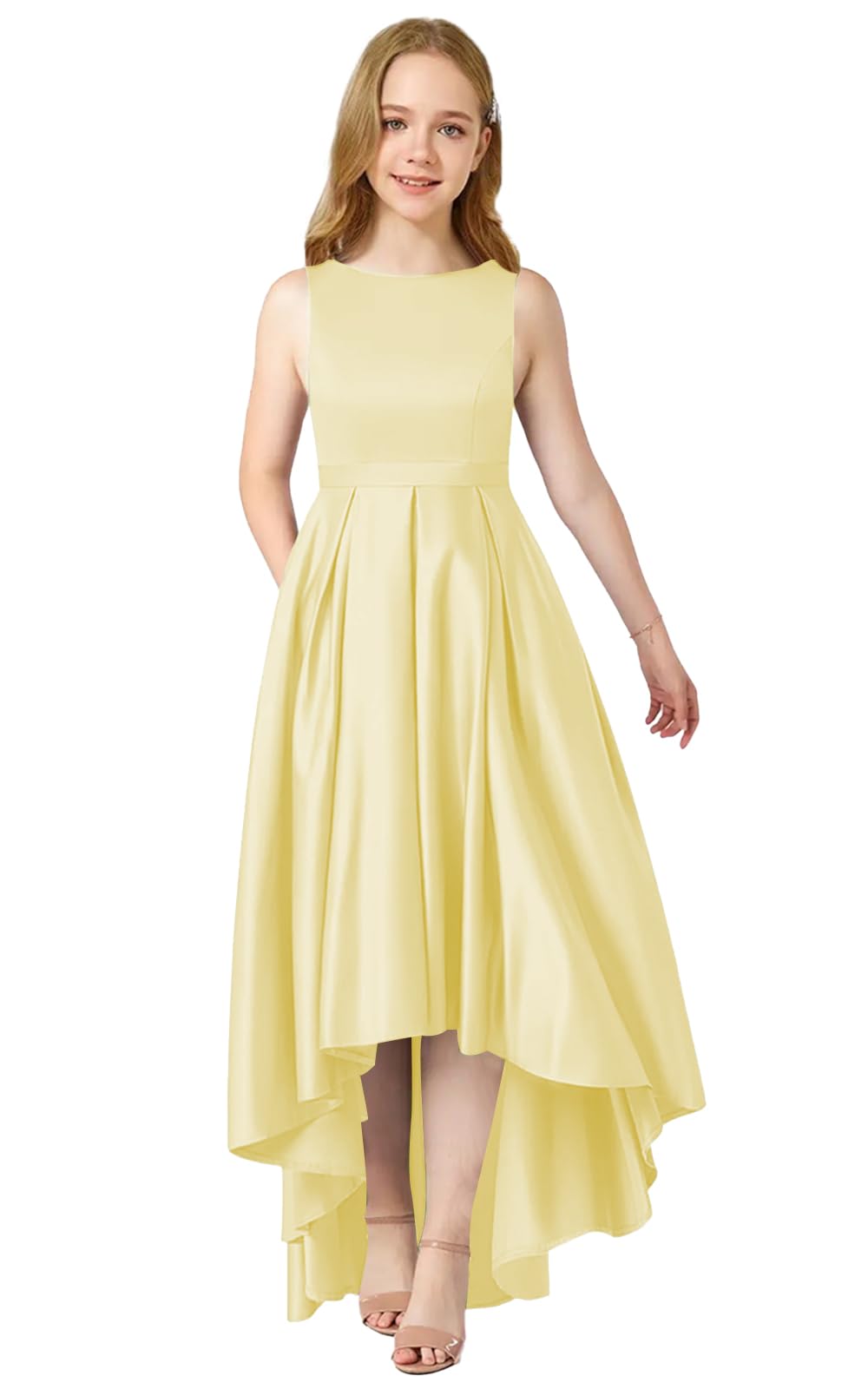 Augday 2025 Stretch Satin Junior Bridesmaid Flower Girl Dresses Boat Neck, High-Low with Pocket for Weddings,Prom