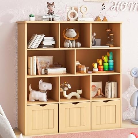 Toy Storage Organizer with Bookshelf, Large Toy Organizers and Storage 3 Movable Drawers with Hidden Wheels and 8 Storage Cubbies, Kids Bookshelf and Toy Storage Chest, Playroom Furniture, Oak Cover