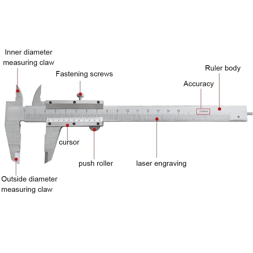 Pied a Coulisse,0-150mm Mesure Coulisse,Pieds à Coulisse Vernier,Caliper Gauge,pour les Mesures Externes,Internes,Profondeur et Pas, Acier à Haute Teneur en Carbone,Argent,0.02mm/0.001" Précision