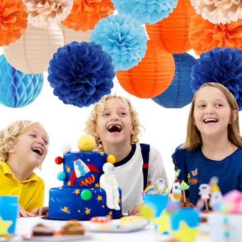 Image of Navy-Blue Orange Champagne Party-Decorations Paper-Flowers - 15pcs Fall Birthday Baby Bridal Shower Tissue Pom Poms Lanterns Streamers Honeycomb, Wedding Bachelorette Hanging Supplies Decor Hugfond