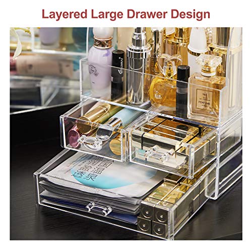 Large Capacity Cosmetic Makeup Organizer Anti-Dust Waterproof Cosmetics Storage Display Case Make Up Storage Stand with 3 Drawers Portable For Brushes Lipsticks Jewelry