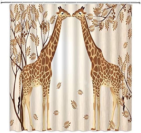 Funny Giraffe Shower Curtain African Wild Animal Couple in Forest Watercolor Jungle Safari Tropic Wildlife Fallen Leaf Plant Woods Boys Girls Cartoon Graffiti Polyester Fabric Bath Decor 70 x 70 Inch