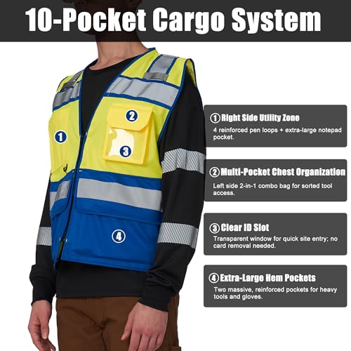Image of A-SAFETY High Vis Reflective Safety Vest for Men Women Zipper Ipad Pockets Mesh Construction Apparel Neon Vest for Work