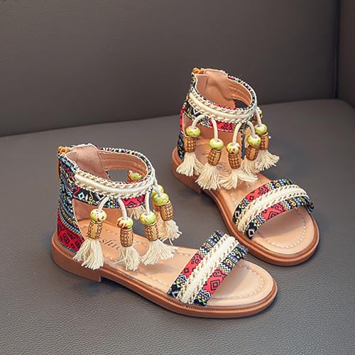 Girls Summer Bohemian Sandals Kids Summer Beach Vacation Open Toe Ankle Strap with Tassel Flat Gladiator Sandal2