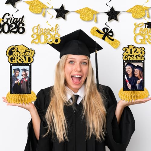 Image of Graduation Decorations 2026 - Black Gold Congrats Grad Party Supplies Include Glitter We are So Proud of You Banner, Hanging Swirls and Honeycomb Centerpieces for Photo Toppers