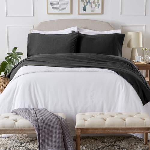 Image of Great Bay Home Full Flannel Jersey Knit Sheets. All Season, Soft, Cozy T-Shirt Sheet Set. Cotton Blend Bed Sheets. Cozy Flex Collection (Full, Charcoal)