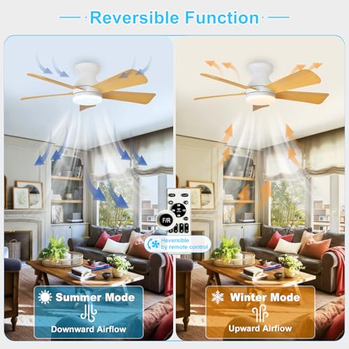 Image of Depuley Modern Ceiling Fan with Light: 35-Inch White Small Fans for Bedroom Indoor Outdoor - Dimmable Low Profile Ceiling Fans with Remote Control Flush Mount 5 Reversible Wood Blades 6 Speeds Timer