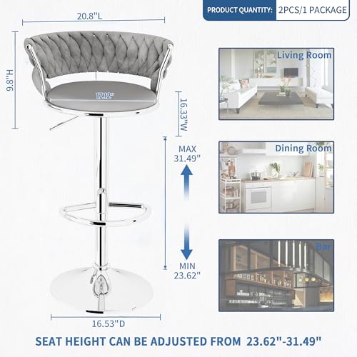 Image of Lamerge Velvet Bar Stools Set of 2,Swivel Bar Chairs Counter Adjustable Height Barstools with Back & Footrest,Upholstered Kitchen Island Chairs for Pub(2PCS Grey)