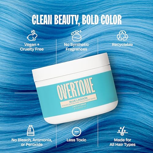 Image of Overtone Semi Permanent Hair Color Conditioner, Blue Lagoon, 8 oz, Nourishing, Damage-Free, Color Depositing Mask for All Hair Types with Shea Butter & Coconut Oil, Vegan & Cruelty-Free