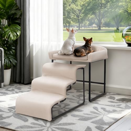 Dog Window Perch with Stairs Pet Stairs Ramp with Seat Dog Perch to Look Out Window with Ramp Lounge Elevated Dogs Bed Small Pet Step Multi-Level Platform with Foam Upholstery