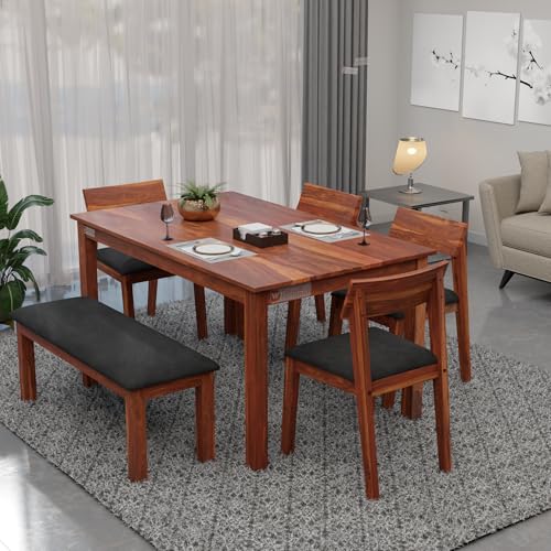 Image of DRIFTINGWOOD Liana 6-Seater Dining Table Set - Sheesham Wood Natural Honey Finish with Table, 4 Cushioned Chairs & Bench - Ideal for Kitchen & Living Room - Assembly Required