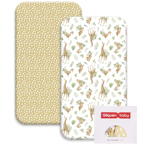 Image of Gllquen Organic Fitted Crib Sheets for Boys & Girls, Toddler Bed Mattress Sheets, Standard Size 52"x28"x9" (Giraffe)