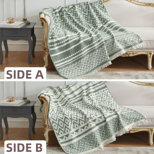 Amélie Home Chenille Jacquard Woven Throw Blanket, Retro Decorative Boho Design With Delicate Tassels, Soft Cozy Lightweight Blanket For Couch Chair Sofa Bed Outdoor In Spring Summer, Green, 50X60 #TOP2