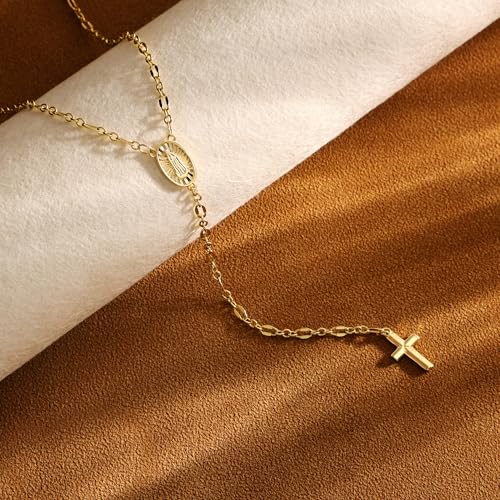 Image of CHESKY Long Necklaces for Women, 14k Gold Plated /Streling Silver Lariat Necklace Dainty Statement Prom Necklace Rosary Cross Sun Drop Pendant Dangle Necklace Gold Prom Jewelry for Women Gifts