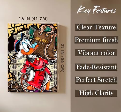 Image of Luxury Cartoon Duck Money Pop Art Canvas Painting For Living Room | Work Hard Success Theme Graffiti Wall Art Painting | Modern Street Style Artwork for Home & Office, 41x56 cm