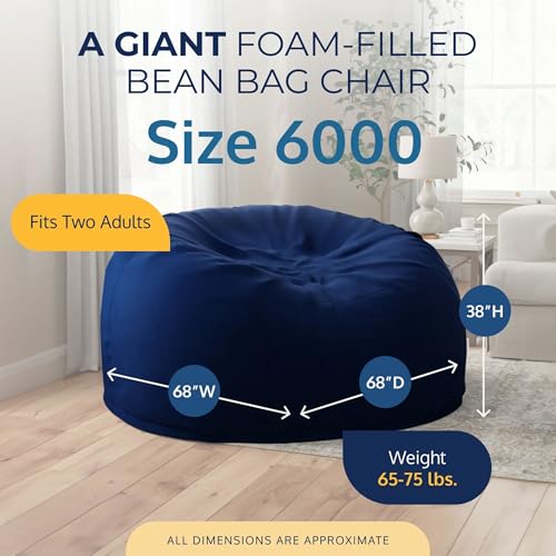 Image of ULTIMATE SACK 6000 6-Foot Bean Bag Chair, Navy Suede Cover - Oversized Foam Lounger, Floor Seat, Small Sofa, or Couch Bed for Living Area, Gaming Room, or Reading Lounge