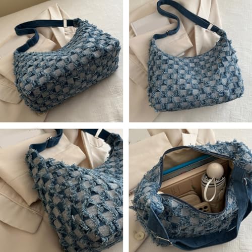 Multipurpose Jean Shoulder Bag Distressed Denims Checkered Crossbody Handbag College Student School Book Bag for Women4