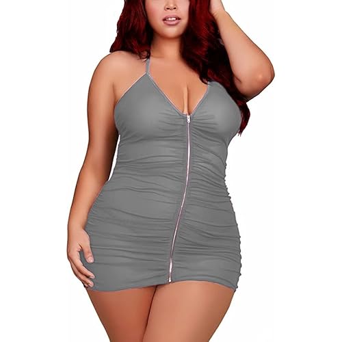 Plus Size Sheer Stretch Mesh Babydoll Dress Zipper Shirring Halter Chemise Curvy Sexy Lingerie for Women