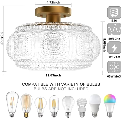 Image of 11 Inch Globe Glass Semi Flush Mount Ceiling Light Fixture, Gold