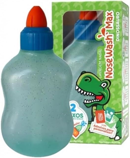 Nosewash Max Dinossauro - Dispositivo para Lavagem Nasal de Bebês e Crianças, Limpador de Nariz, Irrigação Nasal, Alivio de Alergias e Congestão Nasal, com Controle de Fluxo, Frasco 240 ML com Escala