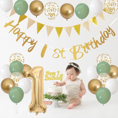 Image of 1st Birthday Decorations for Boys Girls, Sage Green White Gold Birthday Balloons with Happy 1st Birthday Banner First Birthday Cake Decoration Number 1 Balloon for Baby 1 Year Old Birthday Party Decor