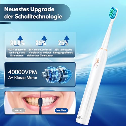Electric Toothbrush, Elektrische Zahnbürste für Erwachsene und Kinder, Schallzahnbürste mit 90% Abgerundeten Borsten 5 Putzmodi Integrierter Timer und 9 Zahnbürstenköpfen (Weiß) – Bild 3