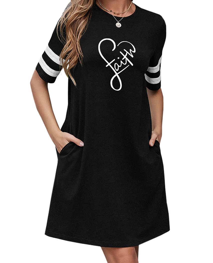 GeLivable Women's Faith Print Short Sleeve Knee-Length Raglan Casual with Pockets A-line Dress