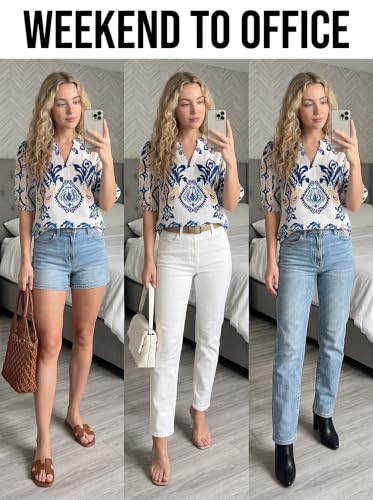 Image of Dokotoo Womens Blouses V Neck Puff Short Sleeve Business Casual Tops