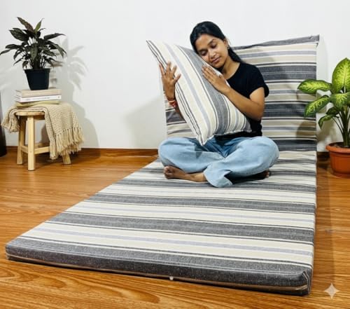 Image of Foldable Mattress Queen Bed Size 5 x 6 Feet | Soft Foam Folding Floor Sleeping Mattress with 1 Filled Pillow for Travel, Camping, Home, Yoga Hostel Guest Room PG Use | Brown White Stripped