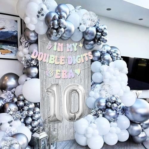 Image of 10th Birthday Decorations In My Double Digits Era Banner Double Digits Birthday Happy 10th Birthday Decorations for Silver Number 10 Balloon Girls Boys Double Digits Party Supplies