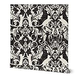 Peel & Stick Wallpaper Swatch - Cat Damask Black Cream Victorian Damask Vintage Style Kitty Kitten Custom Removable Wallpaper by Spoonflower