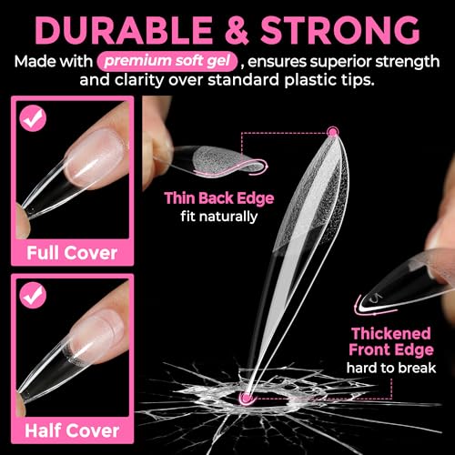 Image of UNA GELLA Long Stiletto Gel Nail Tips: 216pcs Halloween Stiletto Almond Fake Nails Pre-shape Long Almond Press Ons for Full Cover Acrylic French False Nails For Nail Extension DIY Salon 12 Sizes
