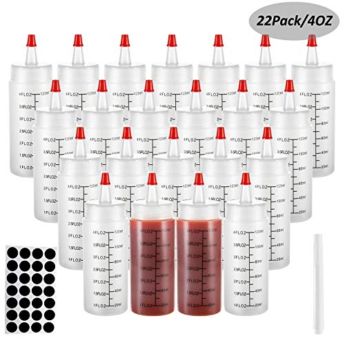 Condiment Squeeze Bottles, OAMCEG 22-Pack 4oz Durable Plastic Squeeze Squirt Bottle with Red Tip Cap and Discrete Measurements - for Ketchup, BBQ, Sauces, Syrup, Condiments, Dressings, Paint, and More