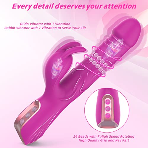 Rotating Beaded Clit Rose Rabbit Dildo Vibrator Adult Sex Toys For Women,Triple Action G Spot Vibrators With Independent Clitoral Stimulator 7 Rotating & Vibration Realistic Dildo Vibrators For Couple #TOP2