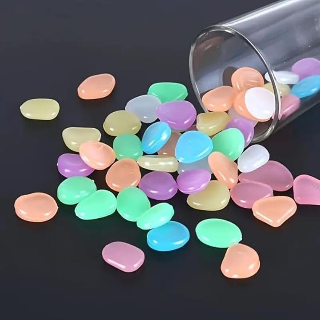 SATYAM KRAFT 100 Pcs Premium Luminous Resin Pebbles – Radiant Glow-in-The-Dark Stones for Elegant Plant Pots, Aquariums, Garden Paths, Vase Fillers & Home Ambience Decor (Multicolour)