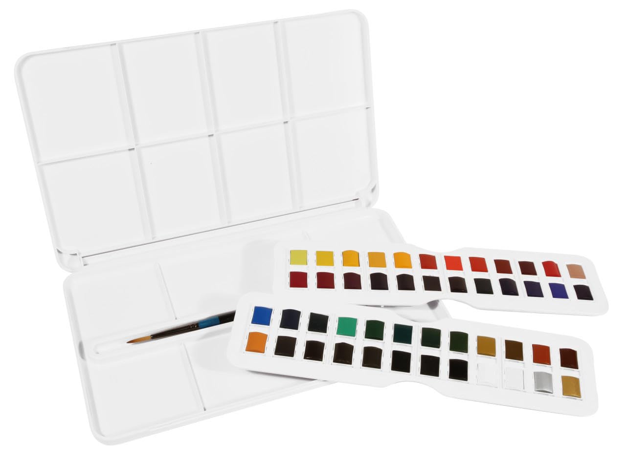 Daler-Rowney Aquafine Watercolour Studio Set mit 48 Halbnäpfchen inkl. einem Pinsel, Mehrfarbig, D131900201