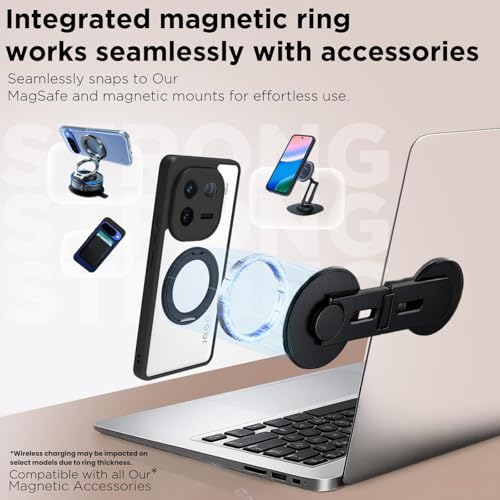 Image of RIGGEAR Shockproof Sleek Hybrid Armor 360 Rotating Magnetic Ring Stand Back Cover Case Compatible with MagSafe Accessories for iQOO 12 5G (Clear PC + Black TPU Bumper)