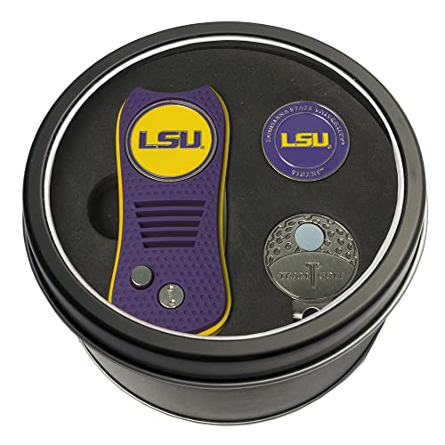 Team Golf NCAA LSU Tigers Tin Gift Set with Retractable Divot Tool, Cap Clip, and Ball Marker Gift Set Switchblade Divot Tool, Cap Clip, & 2 Double-Sided Enamel Ball Markers, Patented Design, Less Damage to Greens, Switchblade Mechanism