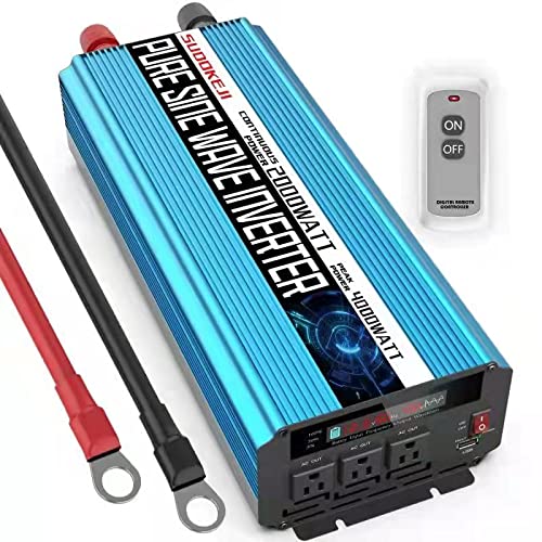 SUDOKEJI 2000W Pure sine Wave Power Inverter 12V DC to AC 110V/120V Converter 3 Socket car Inverter, 2 USB Ports Wireless Remote Control and LCD Display Dual Cooling Inverter, Suitable for CPAP RV