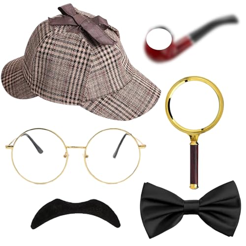Detective Costume Accessories Set Detective Fancy Dress Kit with Detective Hat Fake Mustache Bow Tie Pipe Glasses Round Handle Magnifier for Kids Adults Halloween Cosplay Carnival Party Outfits