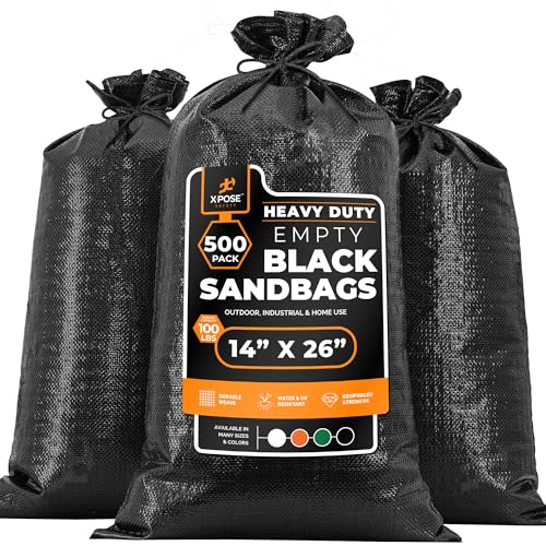 Image of Xpose Safety Heavy Duty Sand Bags with Tie Strings - Empty Woven Polypropylene Sandbags for Hurricane Flood Protection, 100 lb Capacity, 14 inch x 26 inch, Black, Pack of 500