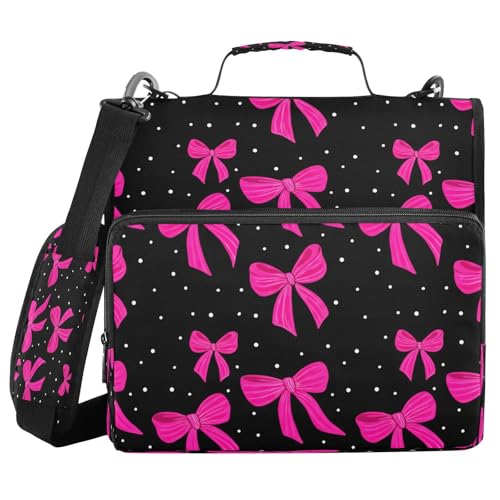 Pink Bows Zipper Binder 3 Ring with Shoulder Strap and Multiple Pockets File Folder Organizer Storage Tote Bag for School and Office