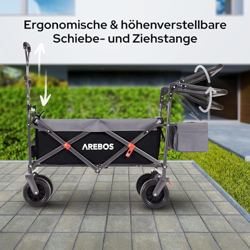 Arebos Bollerwagen faltbar mit Dach | Luxus Handwagen | Faltwagen | Transportwagen | XXL Tasche | klappbar | bis 100 kg | Gerätewagen | 360° Vorderräder | Inkl. Tragetasche | Schwarz – Bild 6