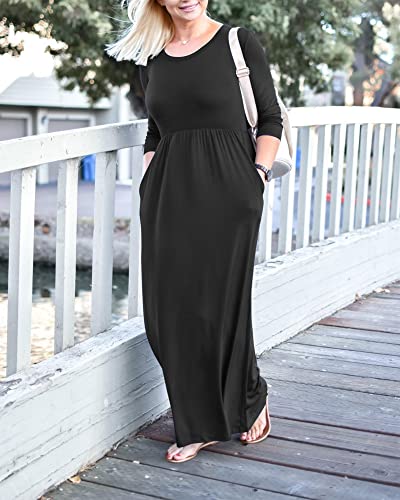 WNEEDU Women's 3/4 Sleeve Casual Loose Long Maxi Dresses with Pocket4