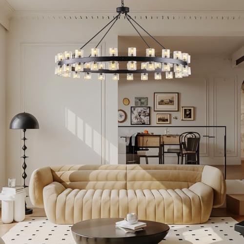 Image of 60 Inch Black Wagon Wheel Chandelier with Crystal Shade, 60 Lights, Modern Farmhouse Style, Ideal for Dining Room, Kitchen, Entryways
